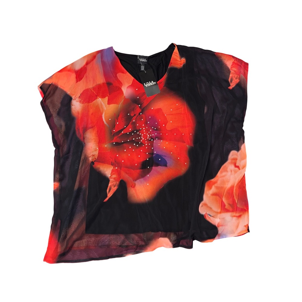 Ulla Popken Womens Floral Mesh Overlay Top Rhinestone V-Neck Black Red 12/14 NEW